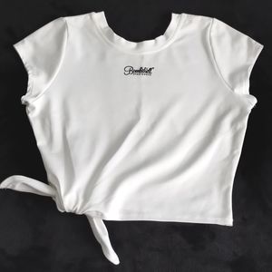 Bombshell Mesh Tee White with Black Logo & Side Tie